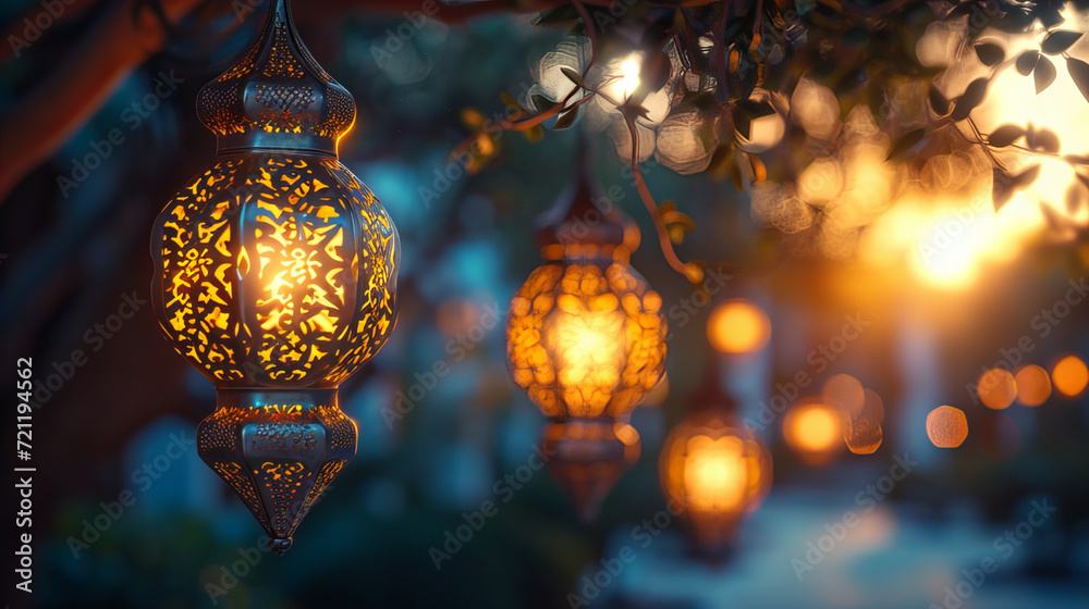Golden Lanterns and Stars Adorning Celestial Blue Archway. Traditional symbol of the best miracle time of the year. Golden Happy Ramadan with Crescent Moon, Mosque and lantern decoration Golden Lanterns and Stars Adorning Celestial Blue Archway. Traditional symbol of the best miracle time of the year. Golden Happy Ramadan with Crescent Moon, Mosque and lantern decoration