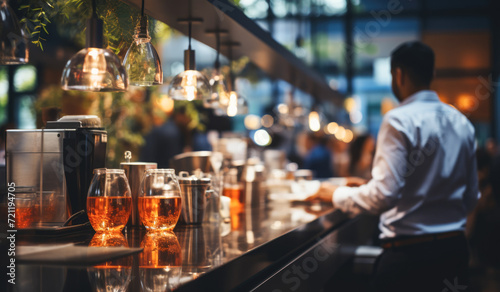 Catering service. Barman serving glasses with wine in restaurant photo