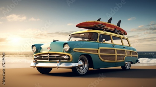 Vintage car with a kayak and a surfboard parked at the beach on a sunny summer day. Old car with a surfboard, at the beach. Cool retro car at the sandy shore. Summer vacation concept. © Valua Vitaly