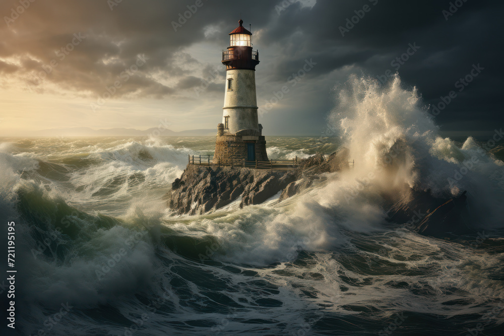 A lighthouse standing firm amidst stormy seas, a metaphor for reliability in turbulent times. Generative Ai.