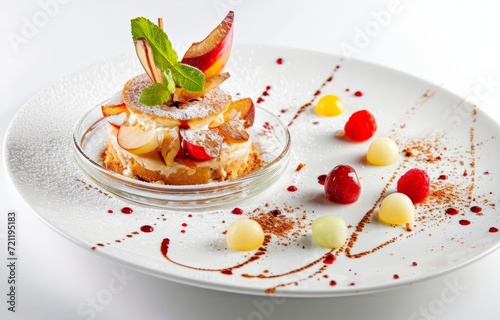 delicious sweet apple cake dessert with topping on white background, professional plating of luxury hotel food