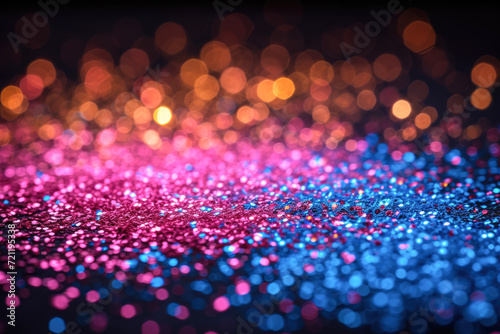 Colorful glitter bokeh on black background. Holiday concept.