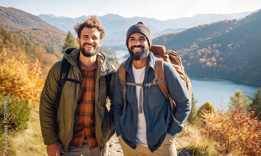 Men With Backpacks Enjoying Serene Lake View