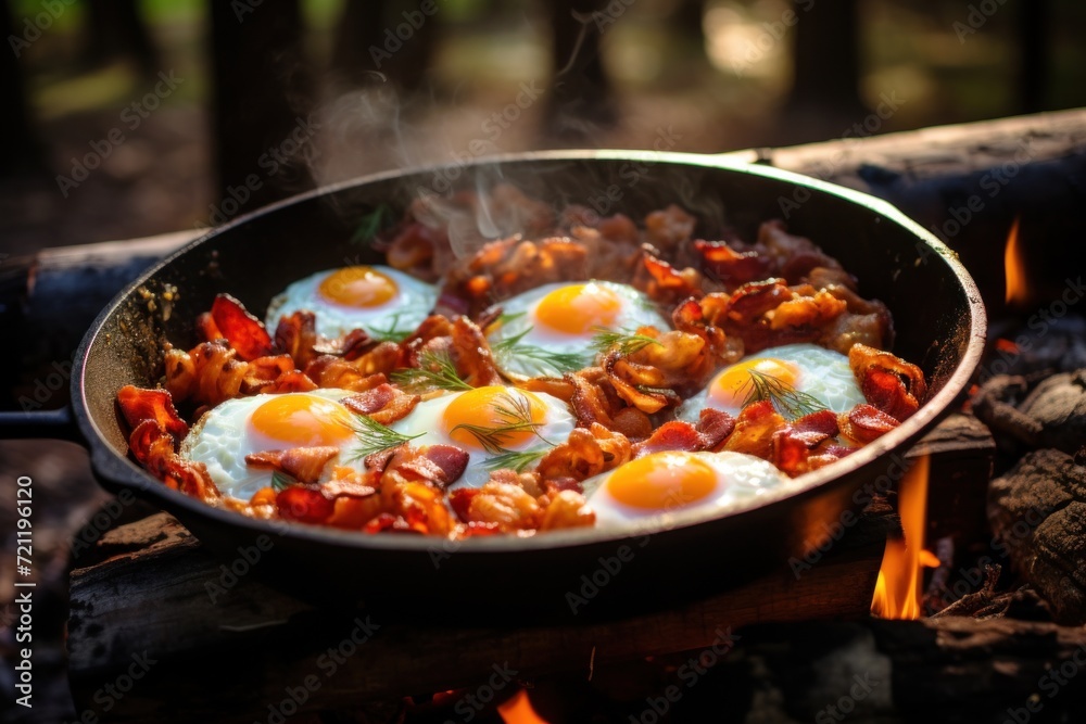 fresh scrambled eggs and bacon in a frying pan cooked over an open fire fresh scrambled eggs and bacon in a frying pan cooked over an open fire