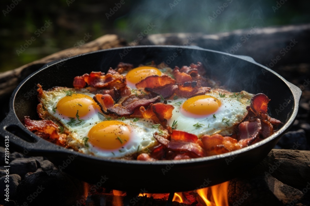 tourist breakfast - scrambled eggs and bacon cooked over an open fire tourist breakfast - scrambled eggs and bacon cooked over an open fire
