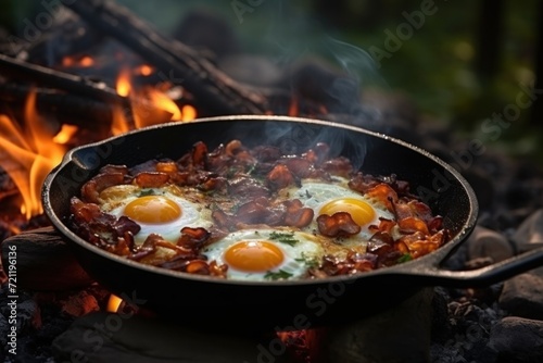 tourist food scrambled eggs and bacon cooked in a frying pan over an open fire
