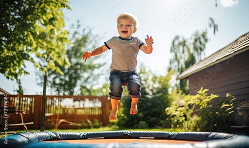 Young Boy Experiencing Joy and Freedom on Backyard Trampoline