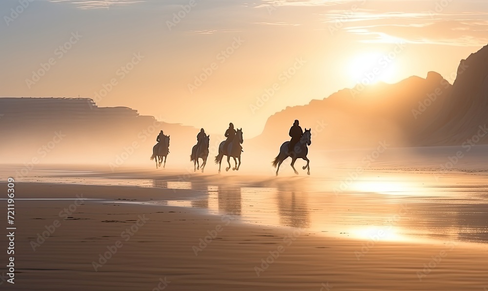 Group of Riders Galloping Along the Shoreline Group of Riders Galloping Along the Shoreline