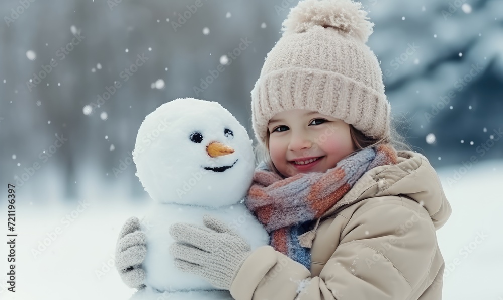 Little Girl Embracing a Frosty Companion in a Winter Wonderland Little Girl Embracing a Frosty Companion in a Winter Wonderland