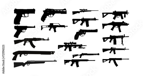 Firearms Silhouette. detailed silhouette pistols, revolvers, weapon, submachines, revolvers and shotguns. great set collection clip art Silhouette , Black vector illustration on white background. photo