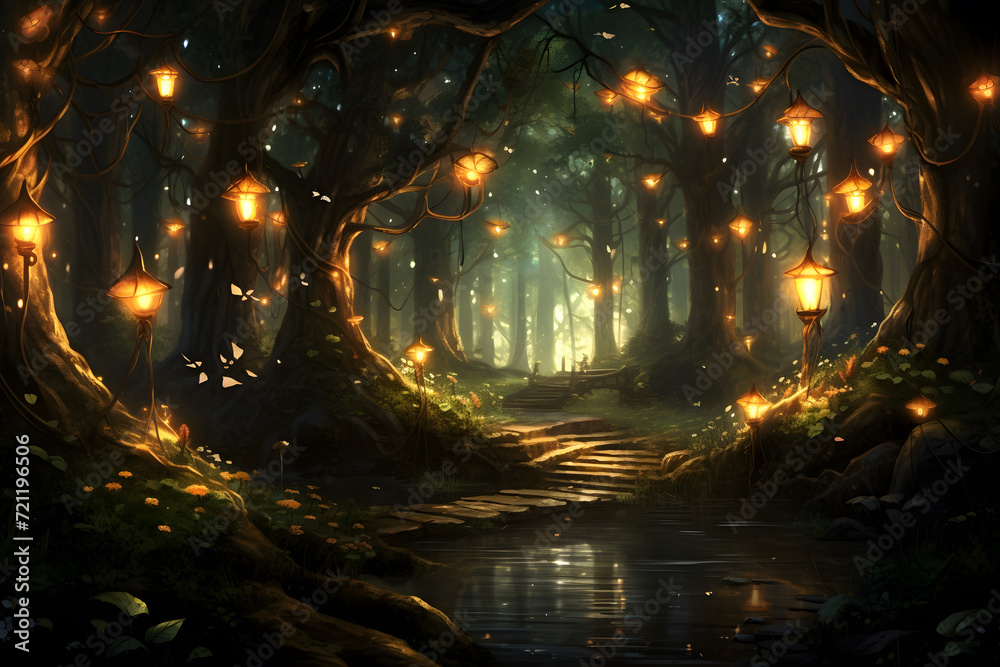 forest with fireflies background