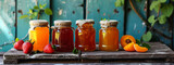 jars with jam and fresh fruits apricot and strawberry on wooden background.
