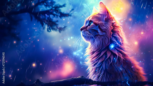 Red Maine Coon cat on a fantasy background. Fluffy pet. photo