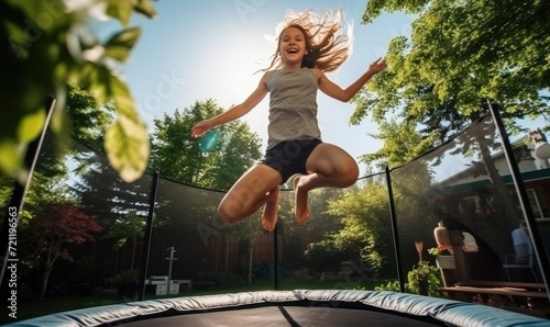 A Joyful Girl Soaring Through the Air, Experiencing the Thrill of a Backyard Trampoline photo