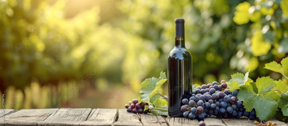 Fototapeta premium Vintage Wine Bottle and Grapes on Rustic Wooden Table in Outdoor Setting