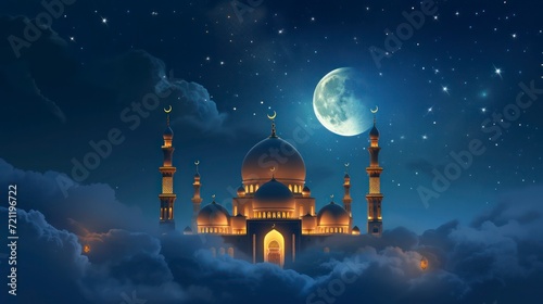 the mosque with clouds at night decorated with the moon and stars. Generative AI © Unionproject