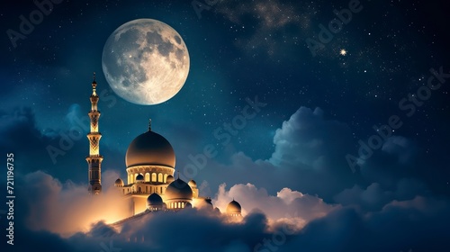 the mosque with clouds at night decorated with the moon and stars. Generative AI © Unionproject