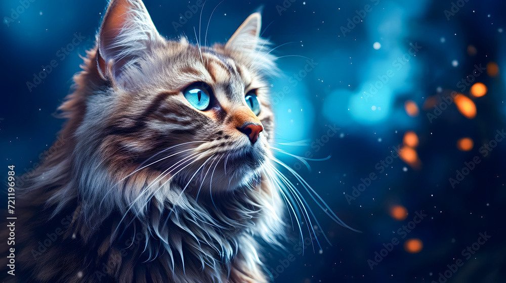 Red Maine Coon cat on a fantasy background. Fluffy pet.
