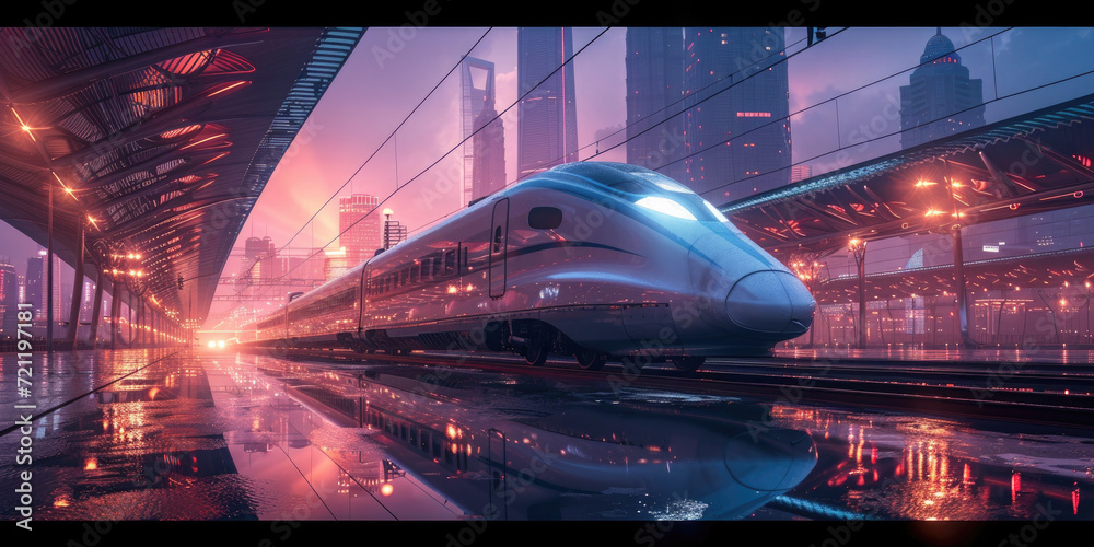 the new  highspeed passenger train, modern High speed train in motion on the railway station at sunset