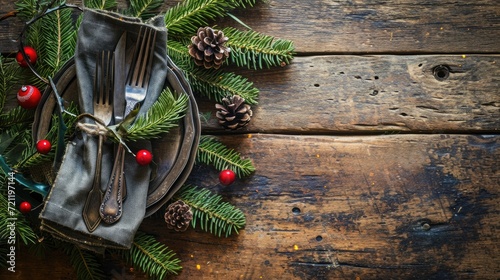 Cozy Christmas Table Setting with Cutlery and Pine Decoration