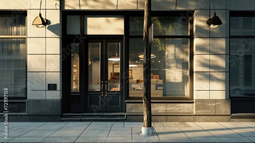 Empty Storefront with Tinted Windows and Brick FaÃ§ade in Summer Daylight photo