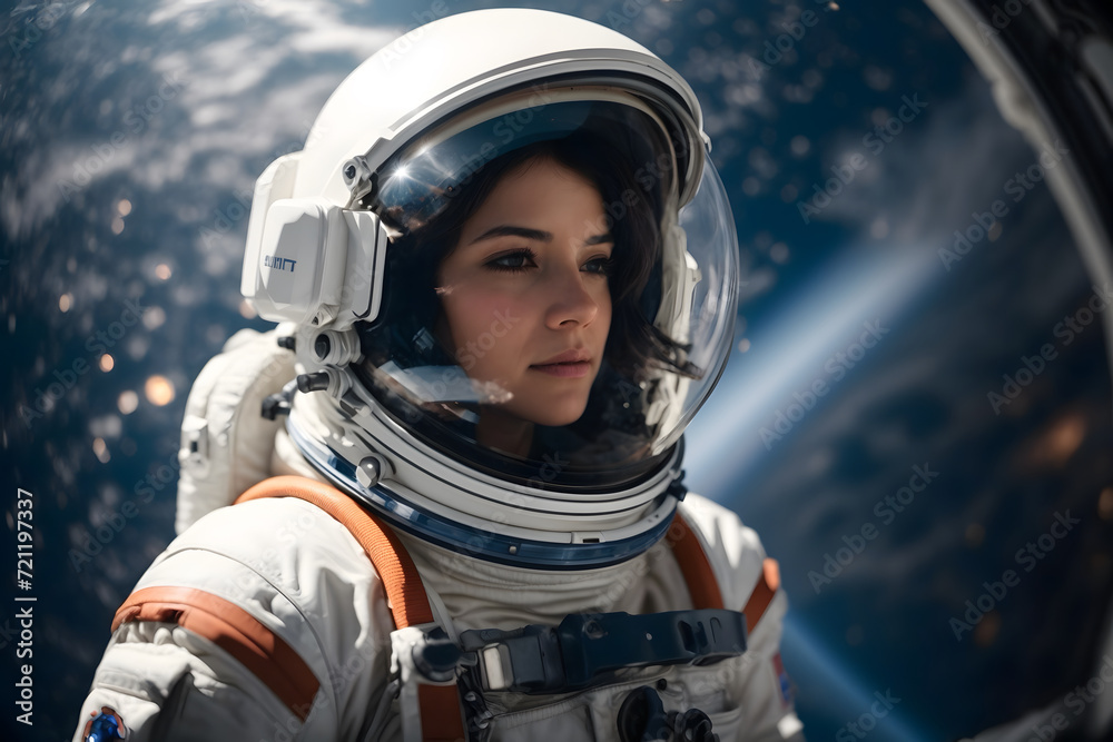 A female astronaut in space with a spacesuit A female astronaut in space with a spacesuit
