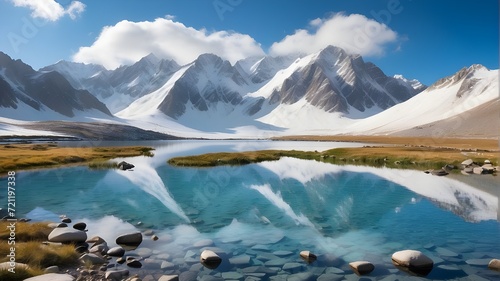 A tranquil mountain Lake mirroring the snow capped peaks in its crystal clear waters