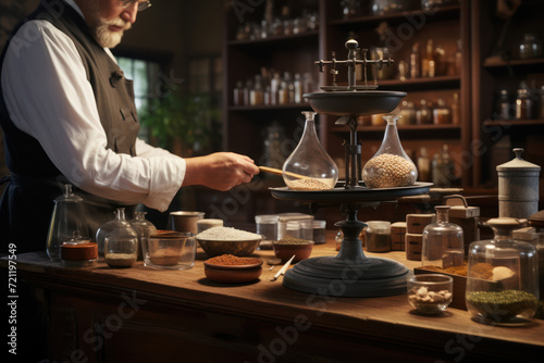 A pharmacist weighing ingredients on an old-fashioned scale, representing the precision in medication formulation. Concept of meticulousness in pharmacy. Generative Ai.