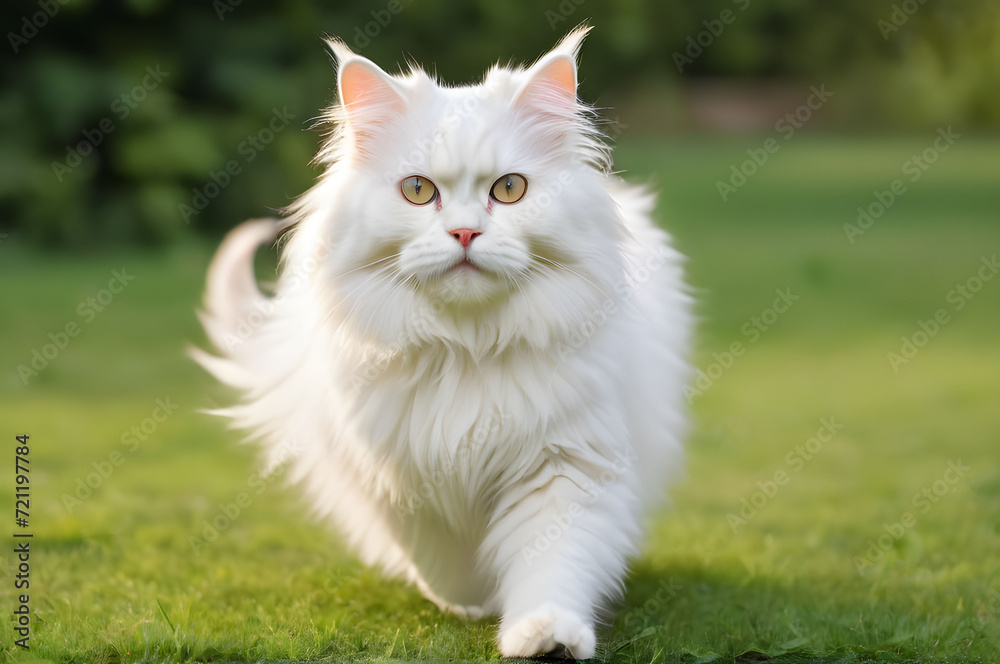 Fluffy white cat with white fur walks on the lawn