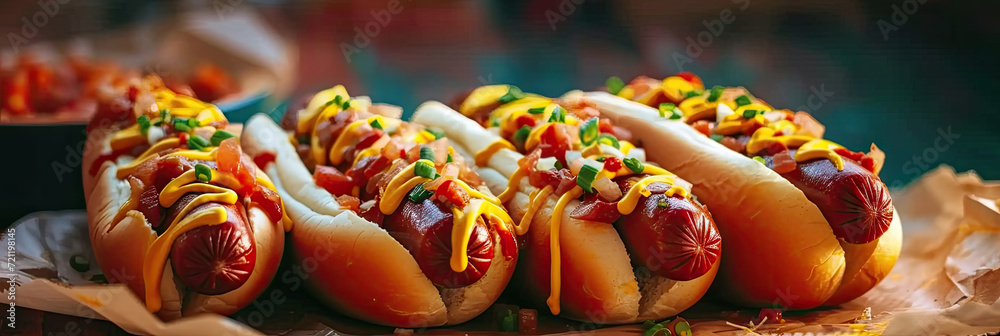  hot dogs wrapped in paper with toppings,