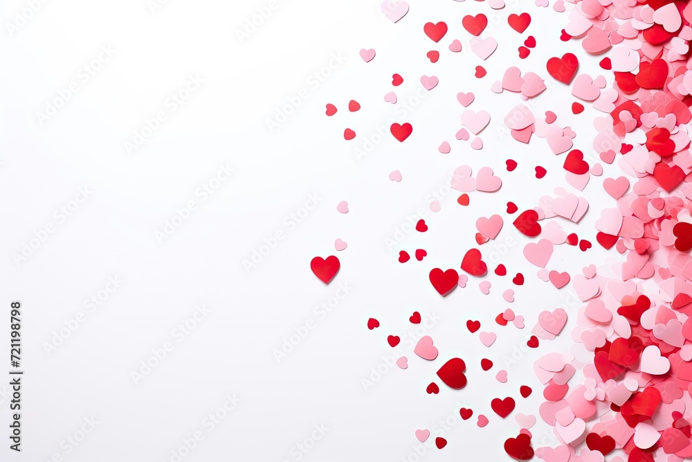 pink and red heart shaped confetti on a white background and space for copy pink and red heart shaped confetti on a white background and space for copy