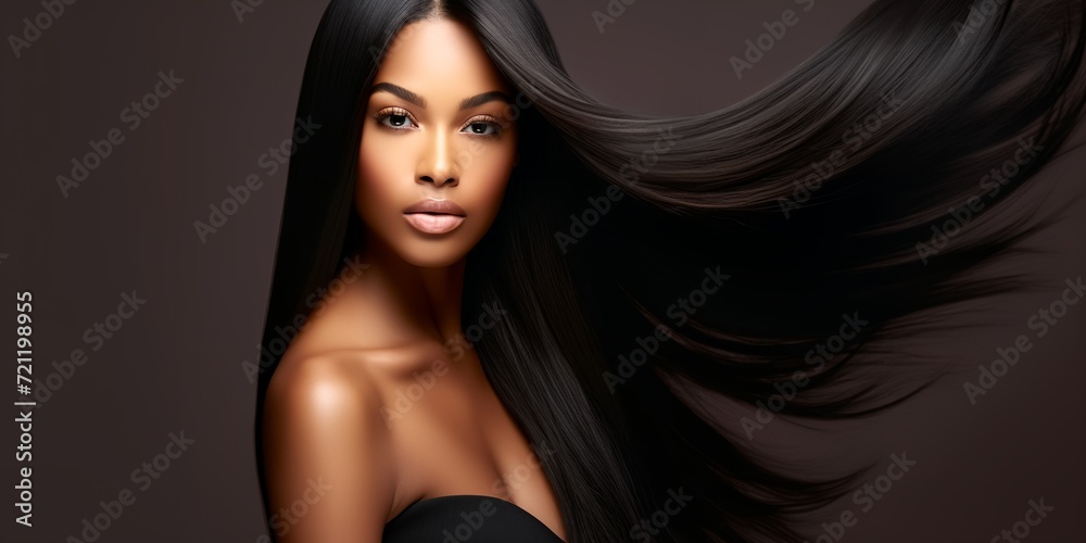 Naklejka premium Black young pretty woman with a long shiny hair