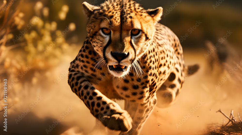 Obraz premium Cheetah running in the savannah in Kruger National Park, South Africa. Species Panthera pardus family of Felidae