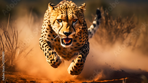 Cheetah running in the savannah in Kruger National Park, South Africa. Species Panthera pardus family of Felidae