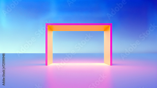 A minimalist artistic representation of a neon-lit geometric portal frame with a gradient of blue to pink colors in an abstract environment.Abstract art concept. AI generated.