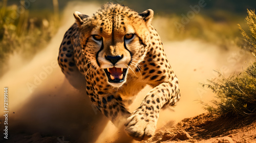 Cheetah running in the savannah in Kruger National Park, South Africa. Species Panthera pardus family of Felidae © Iwankrwn
