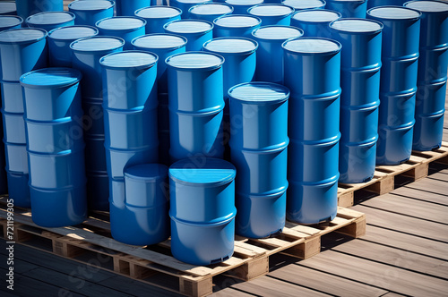Warehouse storage of chemical liquids. Rows of liquid containers standing on wooden pallets. Background of storage cans in the warehouse. Concept of warehousing and stored of goods. Copy ad text space