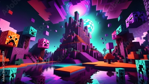 Psychedelic Minecraft live wallpaper free space. Minecraft world. Generative AI.
