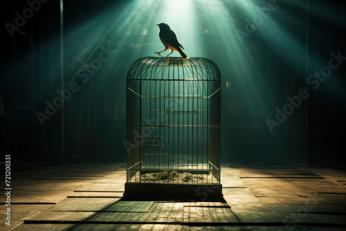 A shadow of a bird in a cage with an open door, symbolizing the feeling of entrapment and desire for freedom. Concept of desire for freedom. Generative Ai. photo