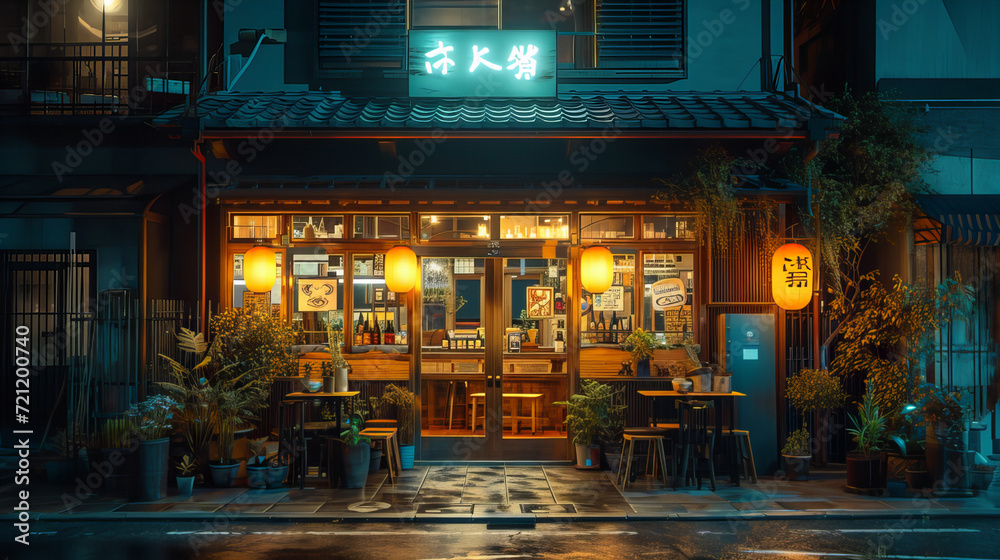 Cozy Evening at a Local Eatery, enchanting night-time view of a warmly lit local eatery, inviting passersby with its welcoming glow and quaint exterior, evoking feelings of community and comfort.