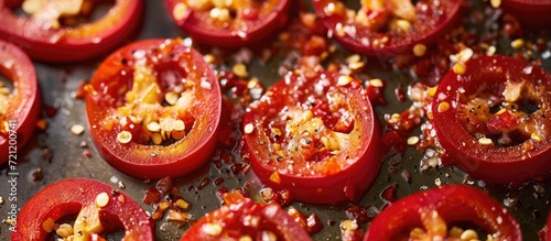 Red pepper sliced thinly into spicy seasoning.