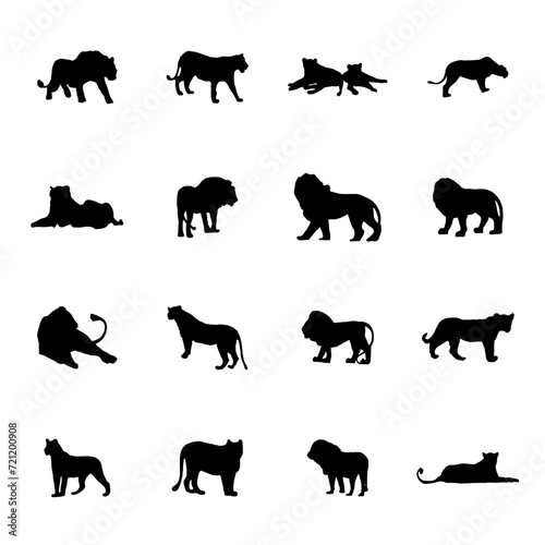 A set of male and female lions in silhouette Lions set. Silhouette picture. African savanna predator. Dangerous animal in natural conditions. Isolated on white background. Vector photo