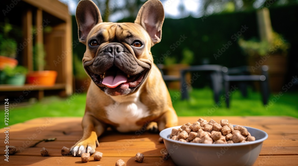 A happy French bulldog puppy is eating from a bowl on a brown wooden floor and on a village exterior background. Dog smiles and looks at the camera, food flies around the puppy, a banner with a