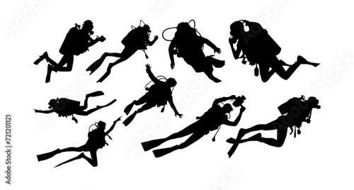 Scuba diving silhouette, diver, great set collection clip art Silhouette , Black vector illustration on white background.