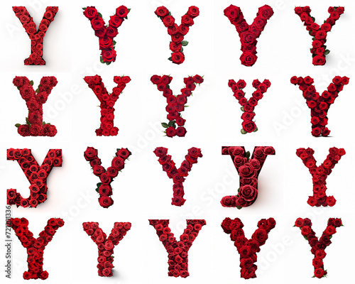 Group of various Y shaped letters made from red rose flowers isolated on white background. Generative ai. Romantic blooming font theme.