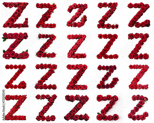 Group of various Z shaped letters made from red rose flowers isolated on white background. Generative ai. Romantic blooming font theme.