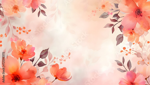 Watercolor floral background in pink and orange hues with copy space. Decorative borders featuring a watercolor floral design with peach and pink flowe.rs