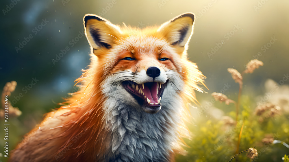 Obraz premium Red fox in the autumn forest. Close up portrait of a wild animal. AI Generated