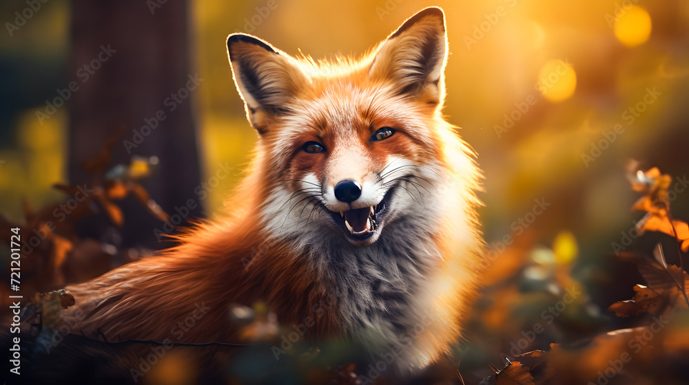 Fototapeta premium Red fox in the autumn forest. Close up portrait of a wild animal. AI Generated