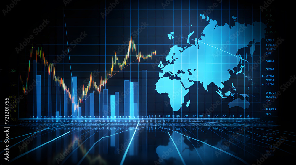 Financial chart with moving up arrow graph and world map Financial chart with moving up arrow graph and world map